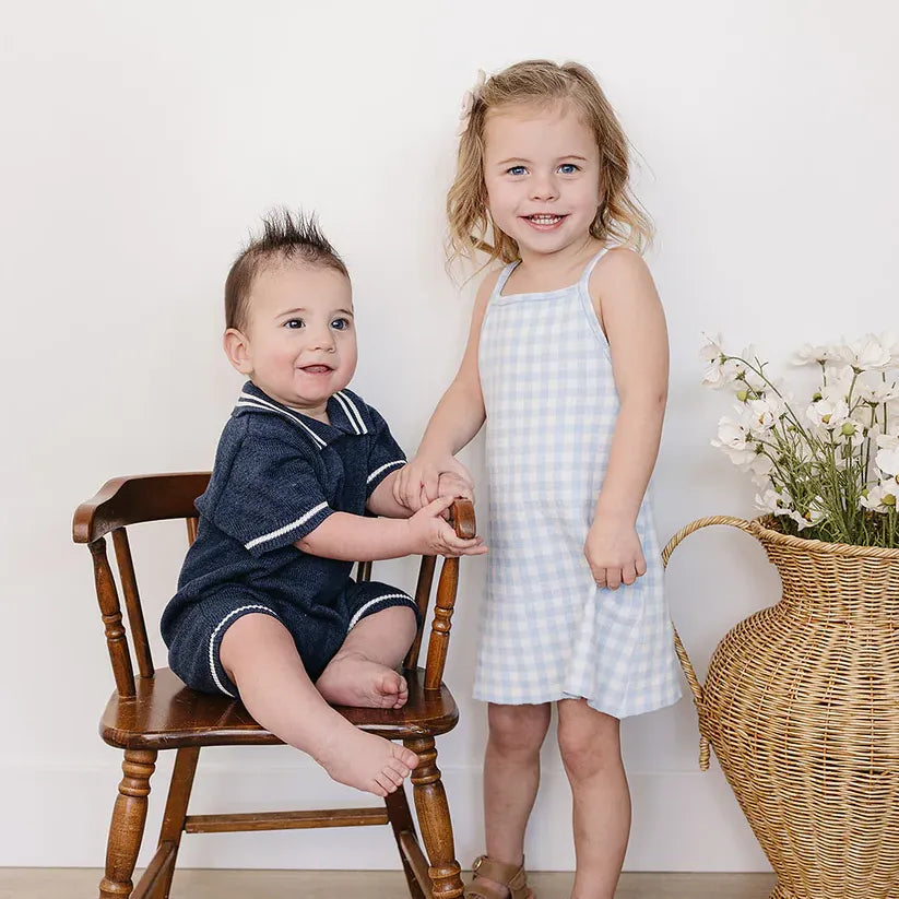 Mebie Baby Blue Knit Gingham Dress