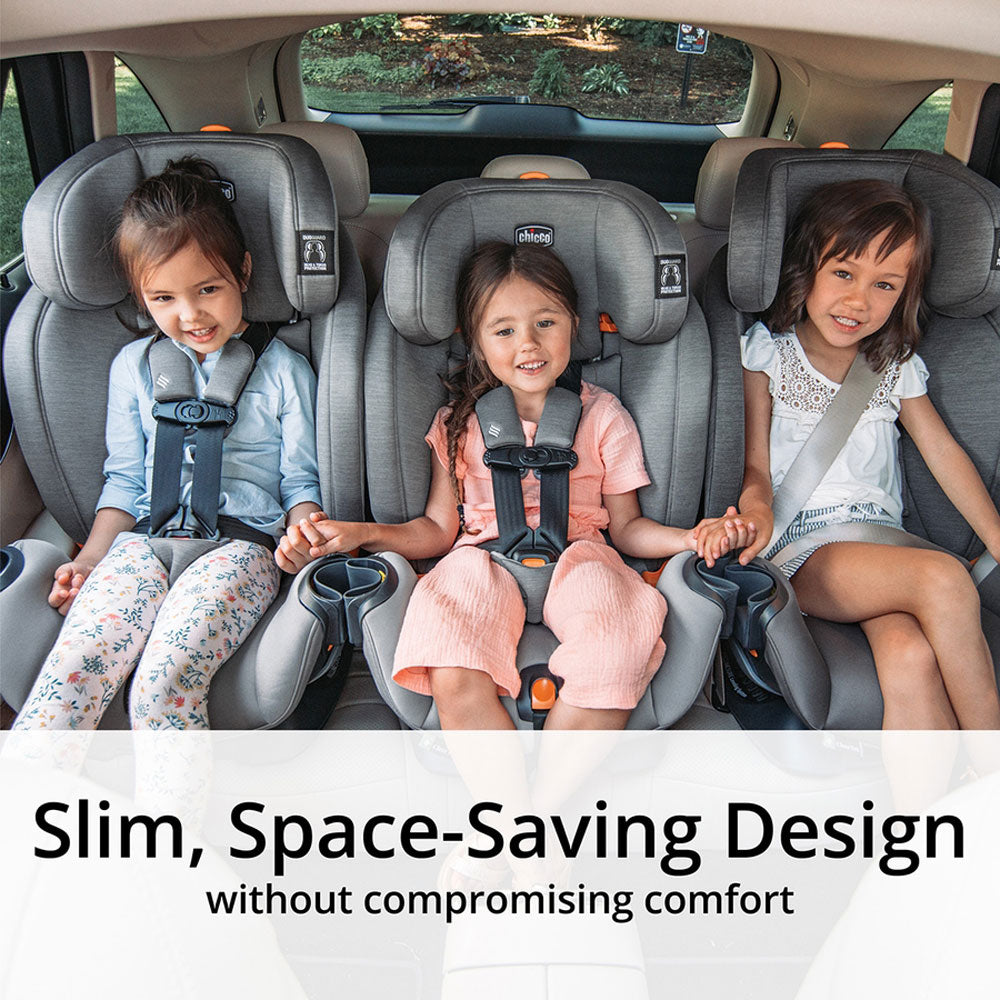 3 girls ride forward facing sitting in Chicco OneFit ClearTex All-In-One Car Seat - Drift