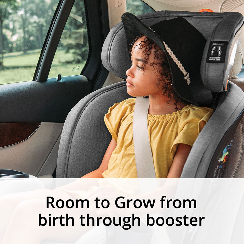 Girl rides in Chicco OneFit ClearTex All-In-One Car Seat - Drift in booster mode