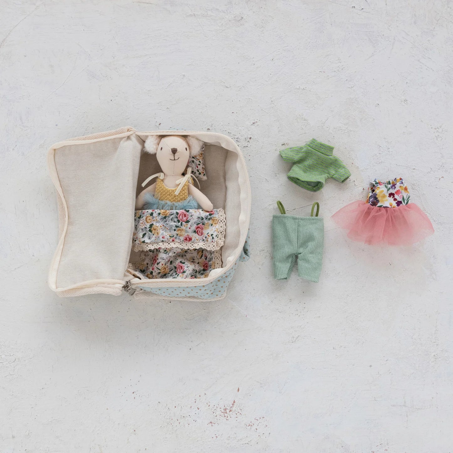 Creative Co op Fabric Suitcase Bed with Plush Bear & Outfits
