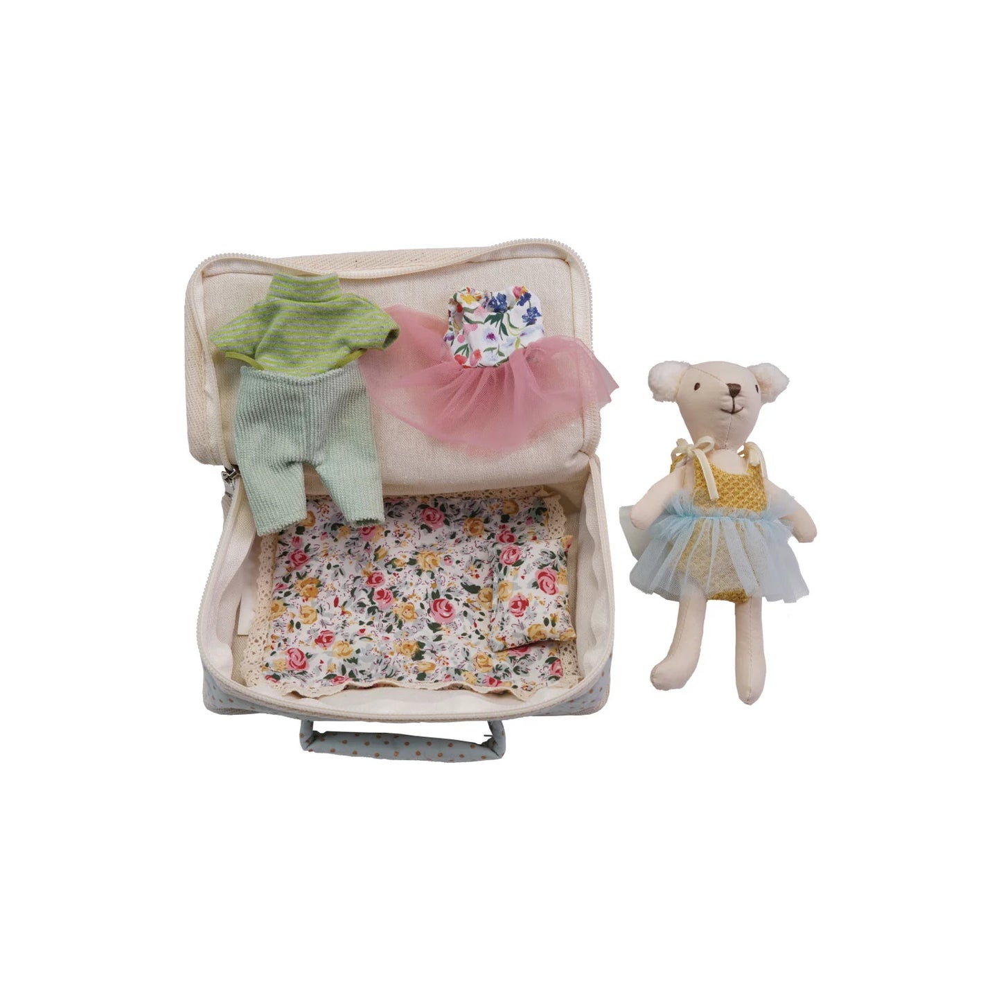 Creative Co op Fabric Suitcase Bed with Plush Bear & Outfits