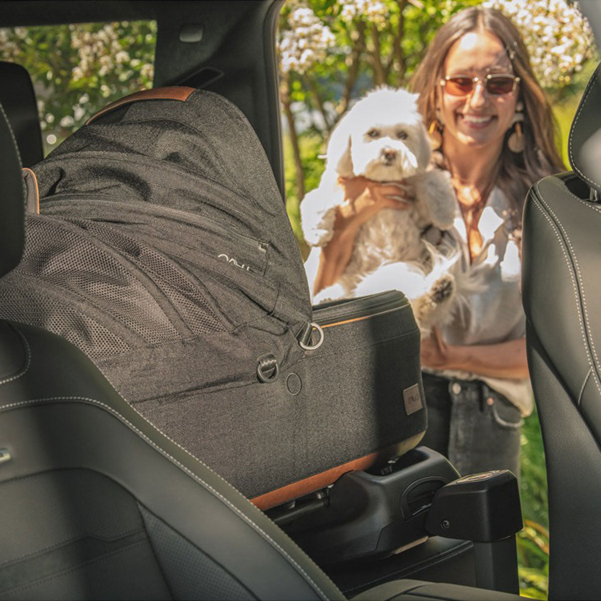 Woman placing dog in Tavo Maeve + Roscoe 3-in-1 Pet Protection System - Medium Flex - Onyx