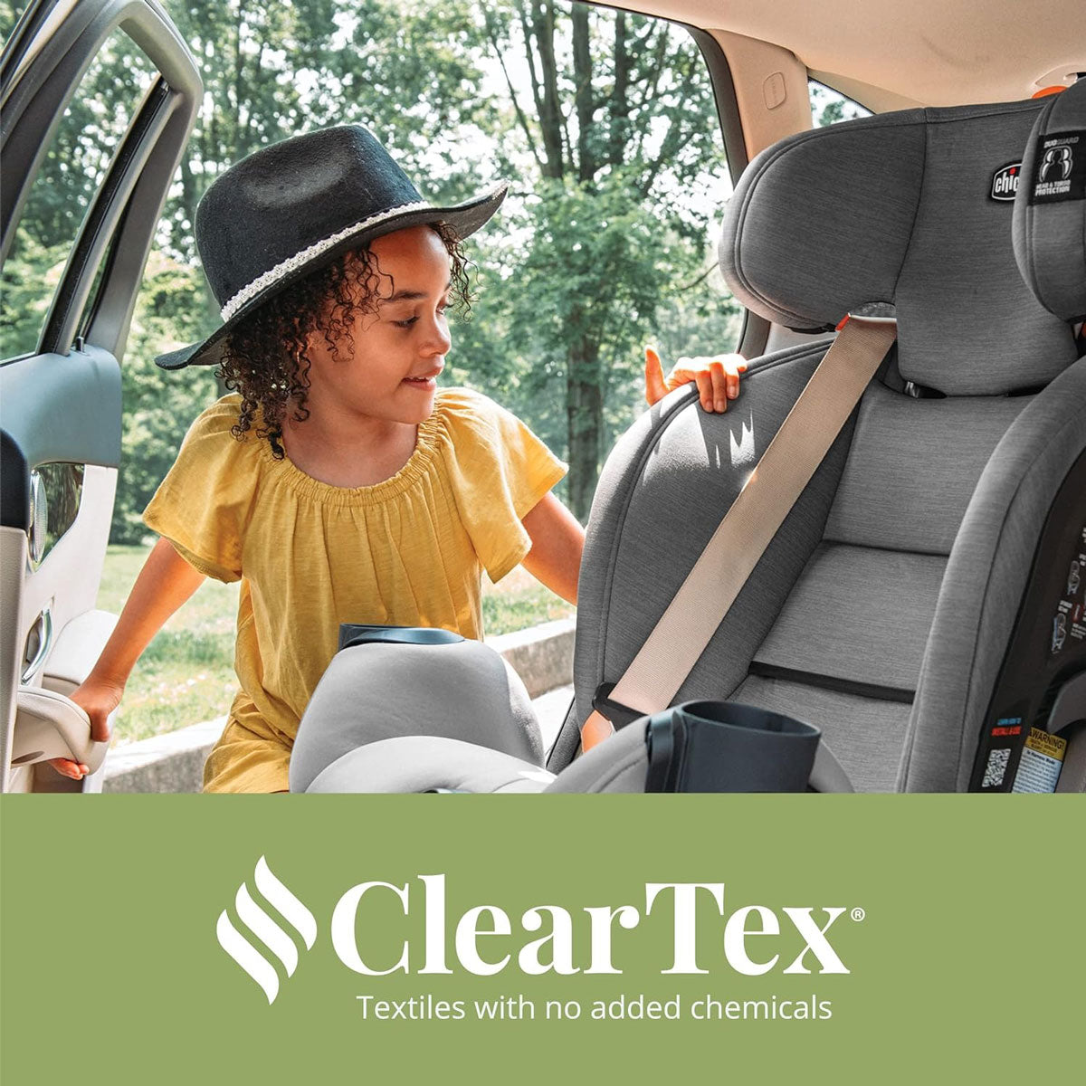 Girl gets into Chicco OneFit ClearTex All-In-One Car Seat - Drift in booster mode