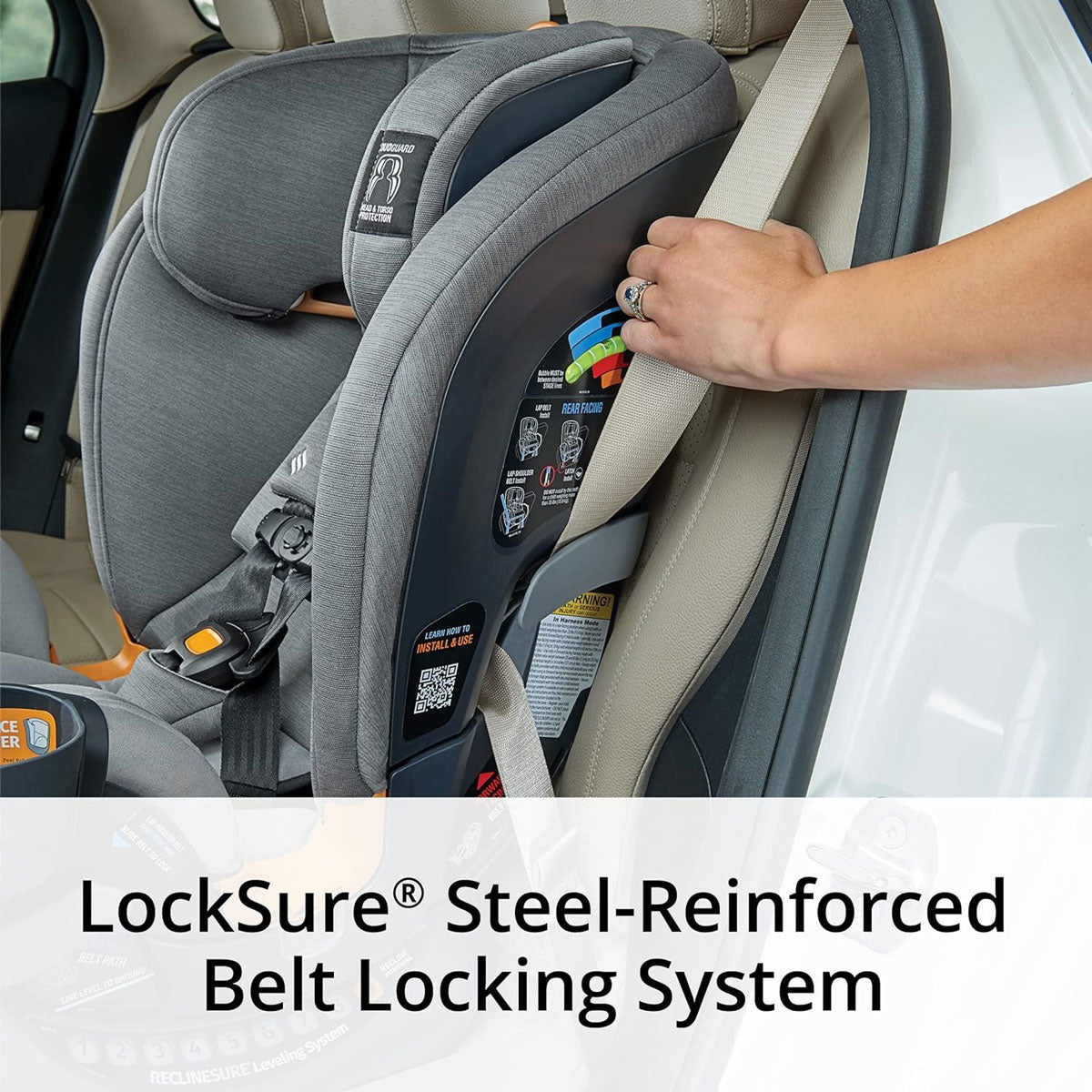 Mom installs Chicco OneFit ClearTex All-In-One Car Seat - Drift in vehicle using seatbelt