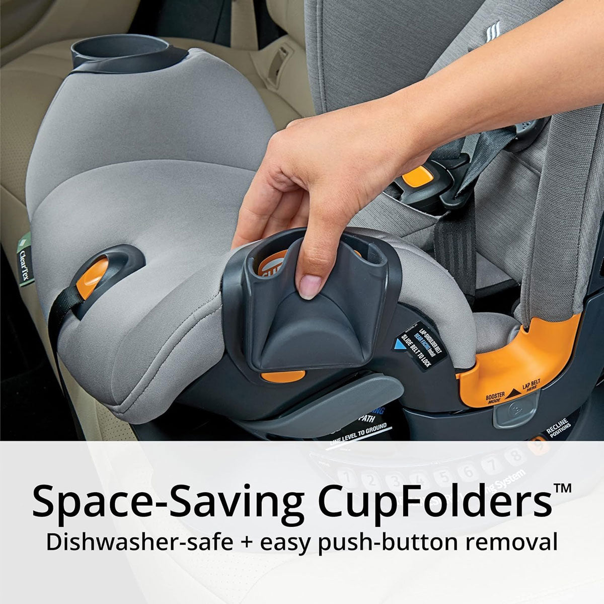 Mom retracts cupholder of Chicco OneFit ClearTex All-In-One Car Seat - Drift