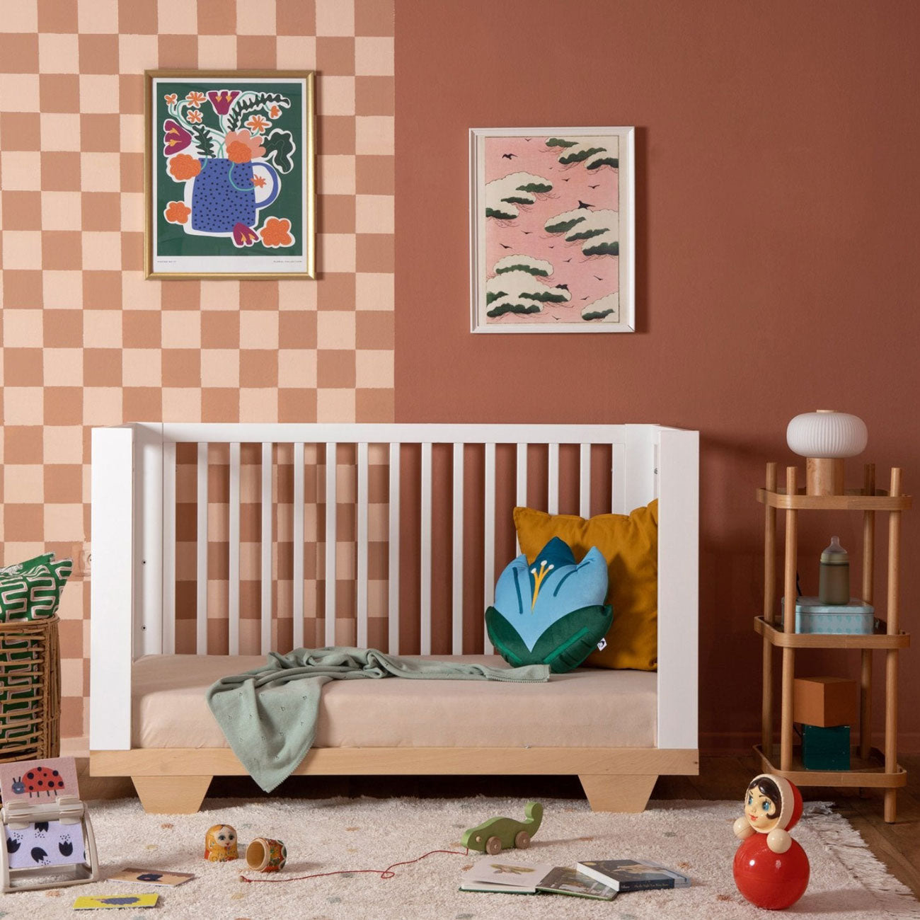 Dadada Spirit 8-in-1 Convertible Crib - White / Natural in bedroom