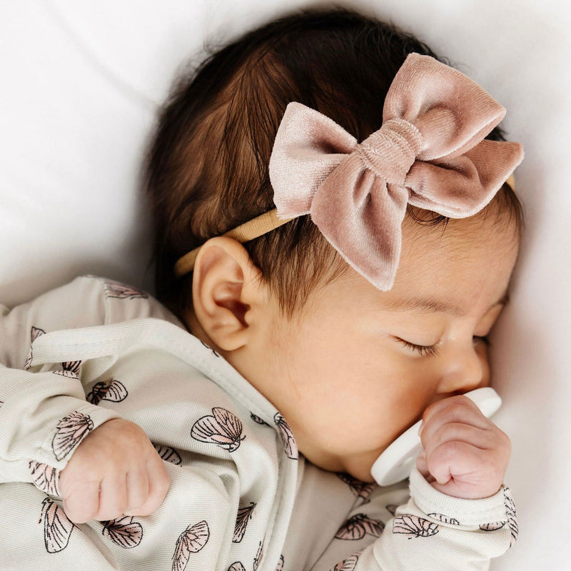 Newborn baby girl wearing Lou Lou and Company Velvet Bow Headband - Small - Mauve