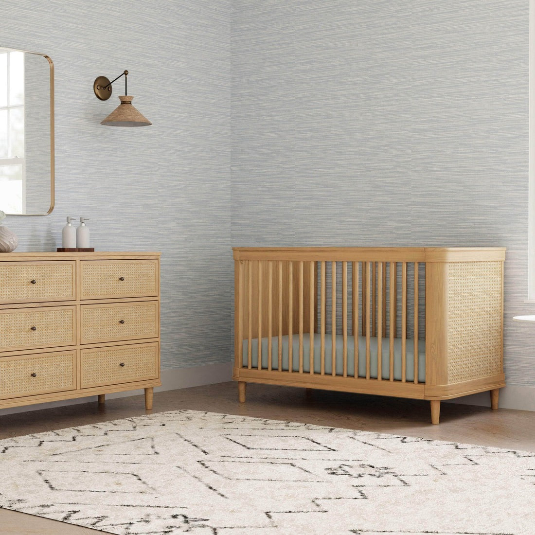 Namesake Marin with Cane 3-in-1 Convertible Crib - Honey and Honey Cane in nursery