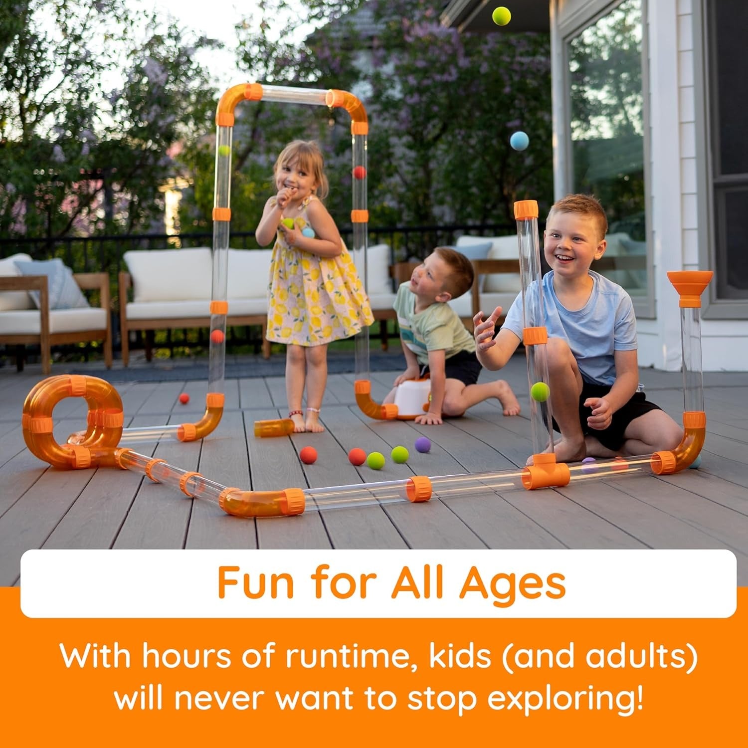 Three kids play outside with Fat Brain Toys Air Toobz