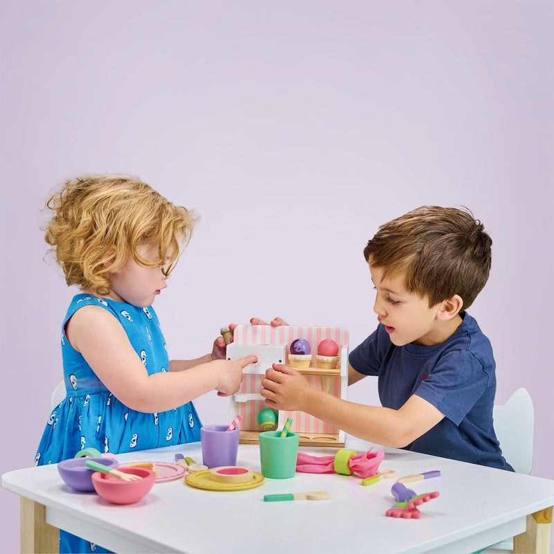 Boy and girl play with Mentari Toys Ice Cream Kiosk
