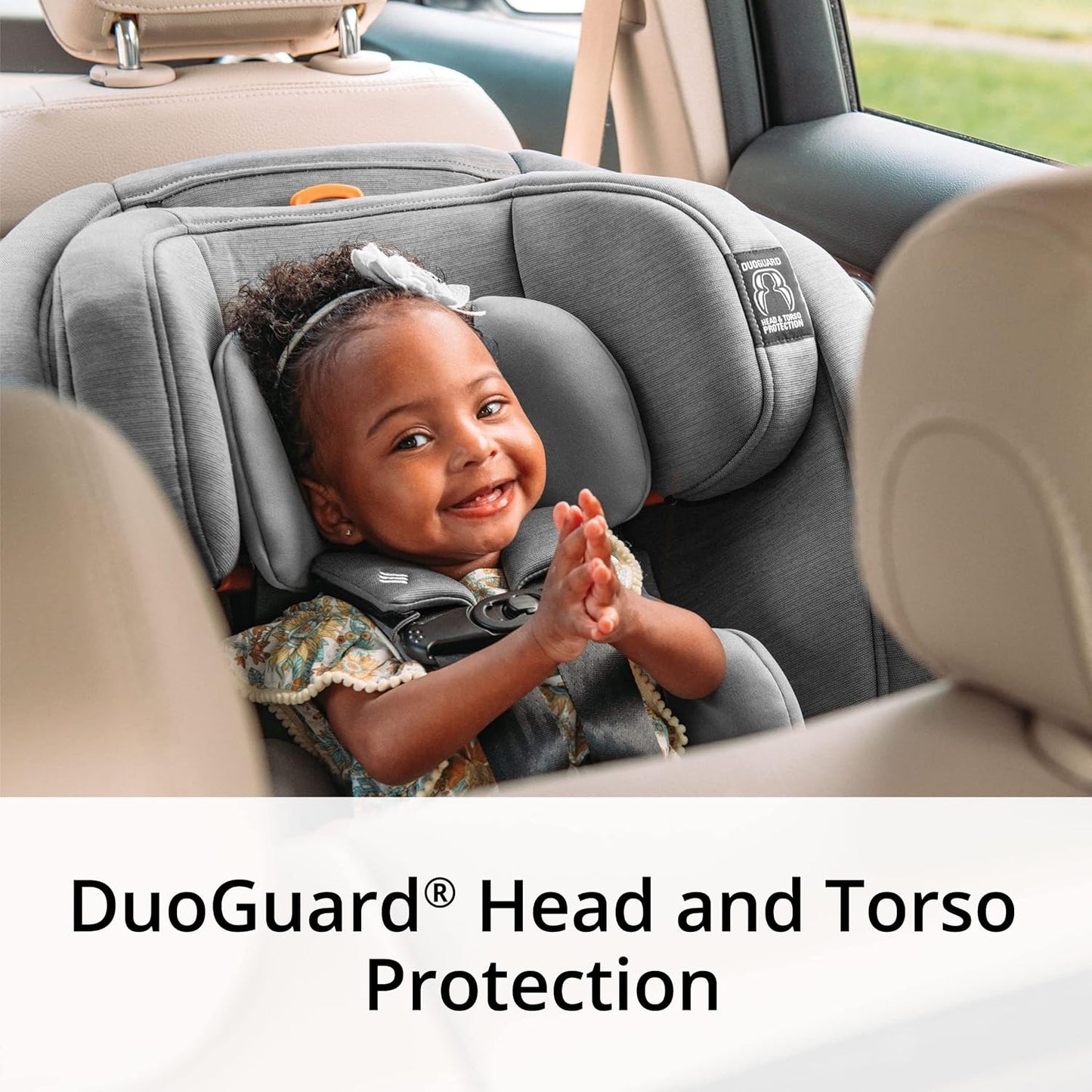 Baby rides rear facing in Chicco OneFit ClearTex All-In-One Car Seat - Drift