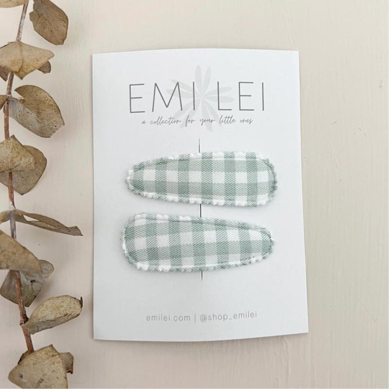 Emi Lei Fabric Barrette Hair Clip - Set of 2 - Mint Gingham