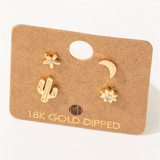 Fame Mini Cactus Flower Stud Earrings Set - Gold