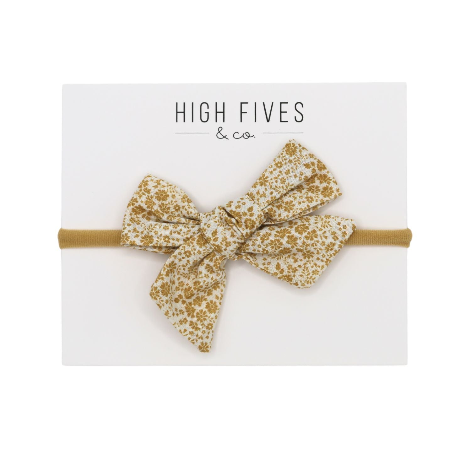High Fives Floral Linen Bow Nylon Headband - Mustard Ditsy Floral Ivory