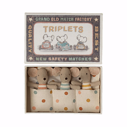 Maileg Baby Mice Triplets in Matchbox - Pink / Blue / Yellow with Multi Polka Dot Bedding