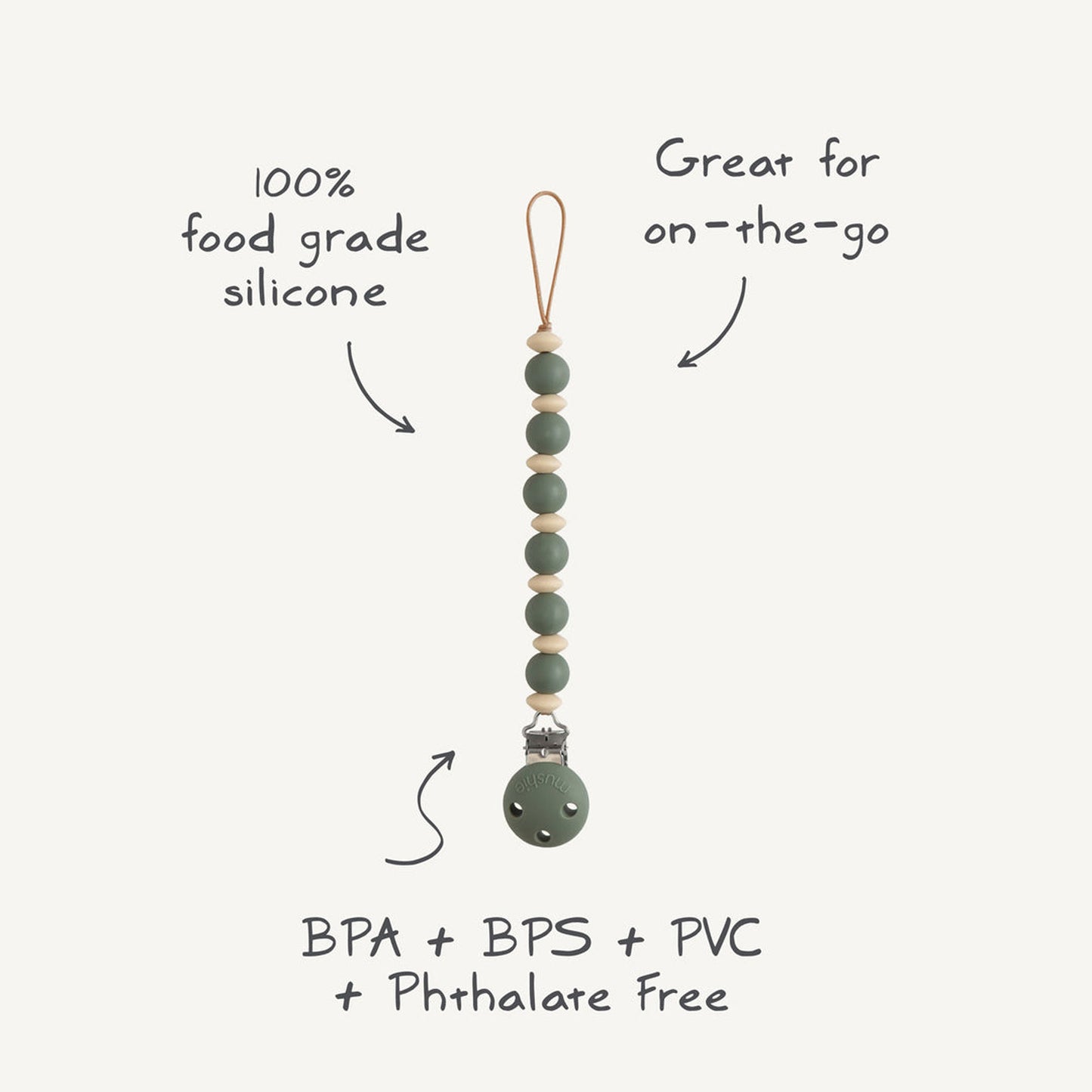 Mushie Silicone Pacifier Clip - Luna - Dried Thyme
