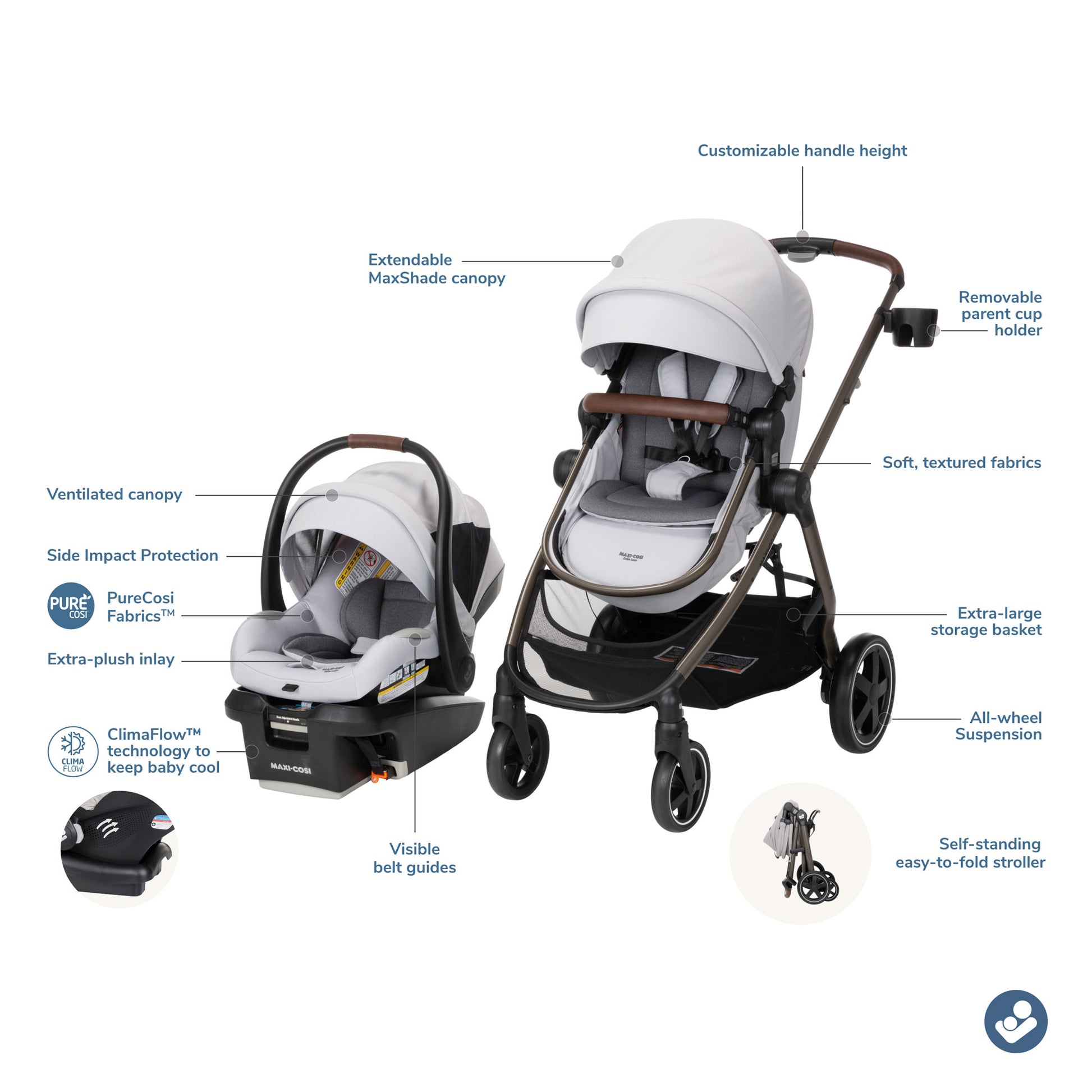 Maxi-Cosi Zelia2 Luxe+ 5-in-1 Travel System with Mico Luxe+ - Arctic Frost