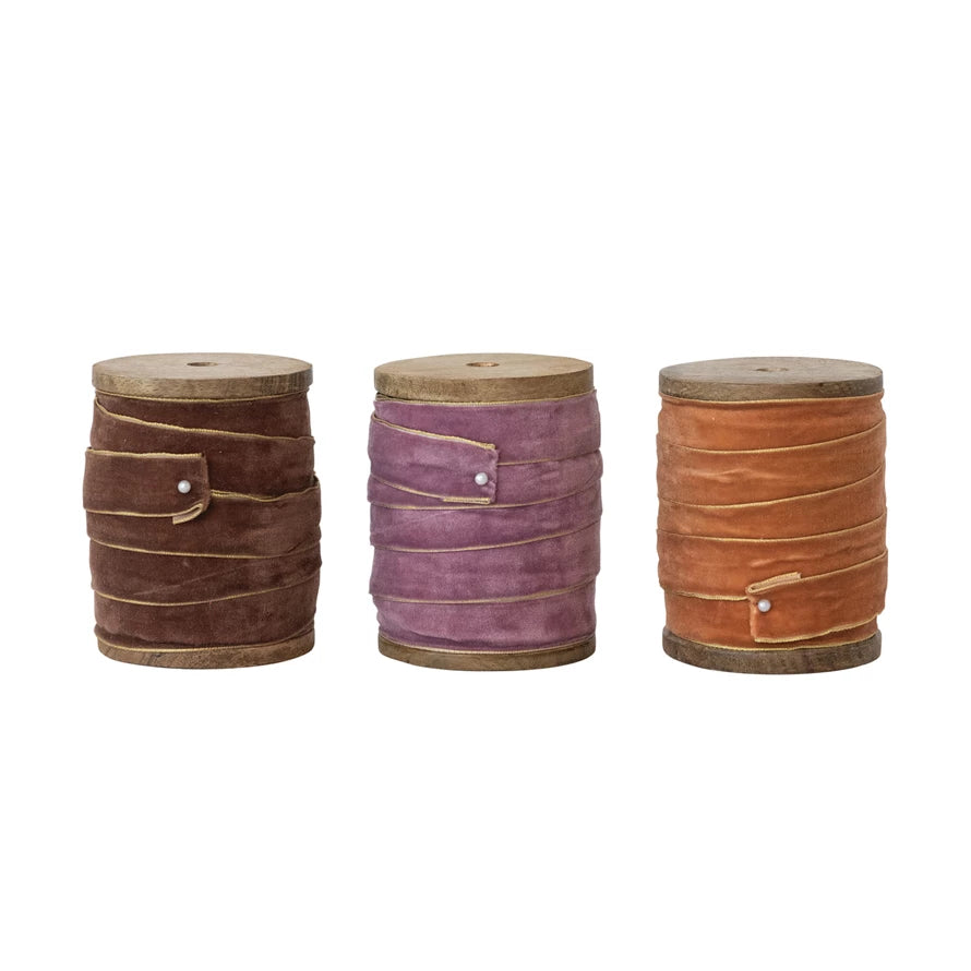 Creative Co-op 5 Yard Velvet Ribbon with Metallic Edges on Wood Spool