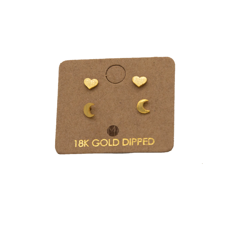 Fame 2Pk Moon and Heart Stud Earrings - Gold
